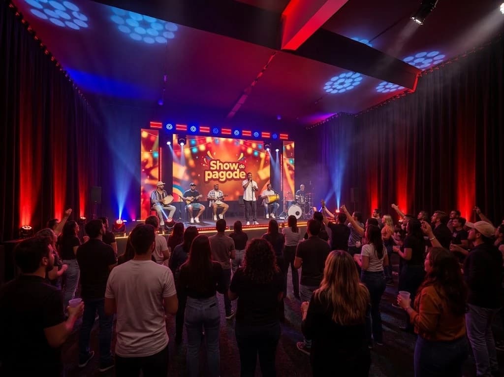 Grupo de pagode tocando no palco com painel de LED e luz cênica diante da plateia em pé