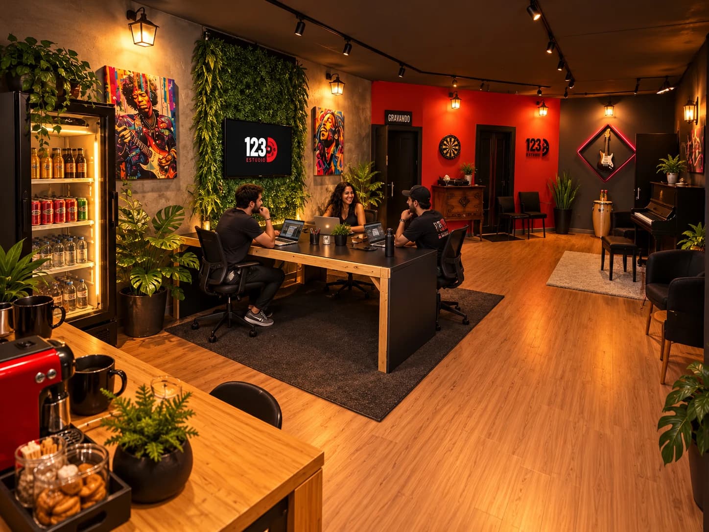 Três pessoas em reunião com notebooks em uma mesa diante do painel verde com a TV da 123