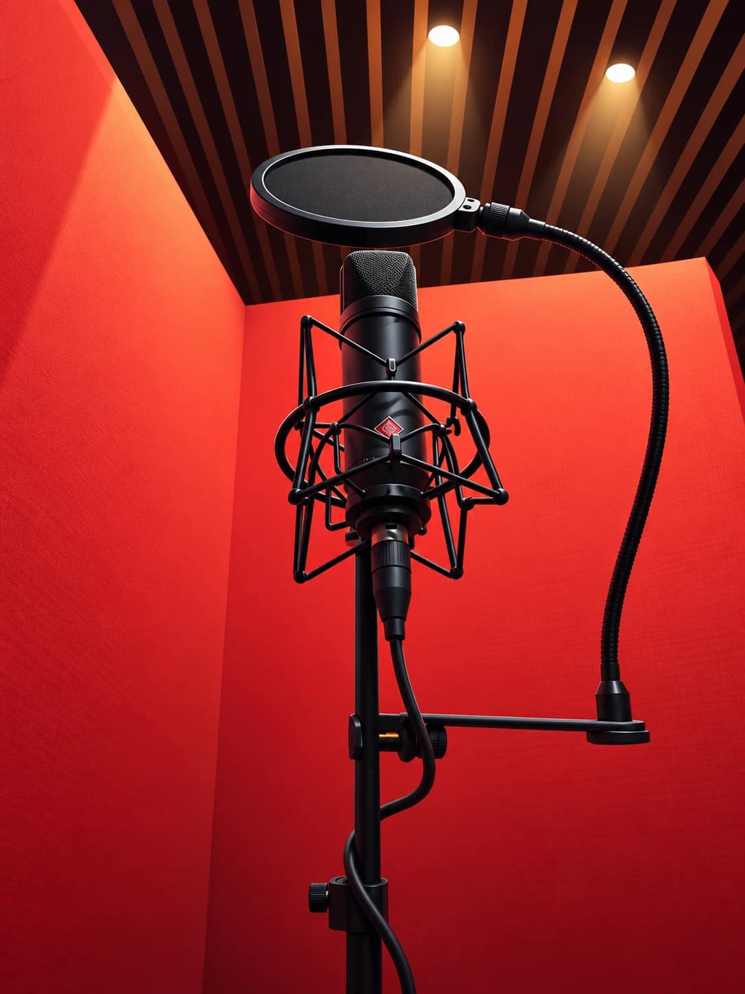 Microfone de estúdio com shock mount e pop filter diante de parede acústica vermelha
