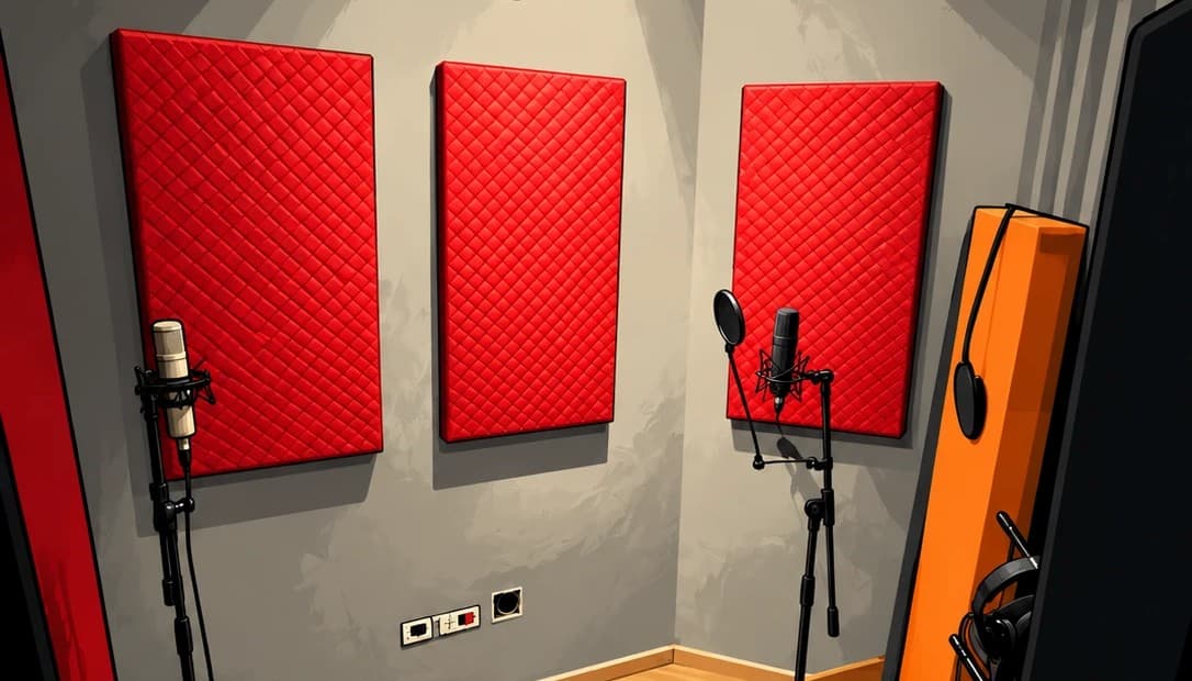 Painéis acústicos vermelhos e dois microfones em pedestais na Sala Simultânea