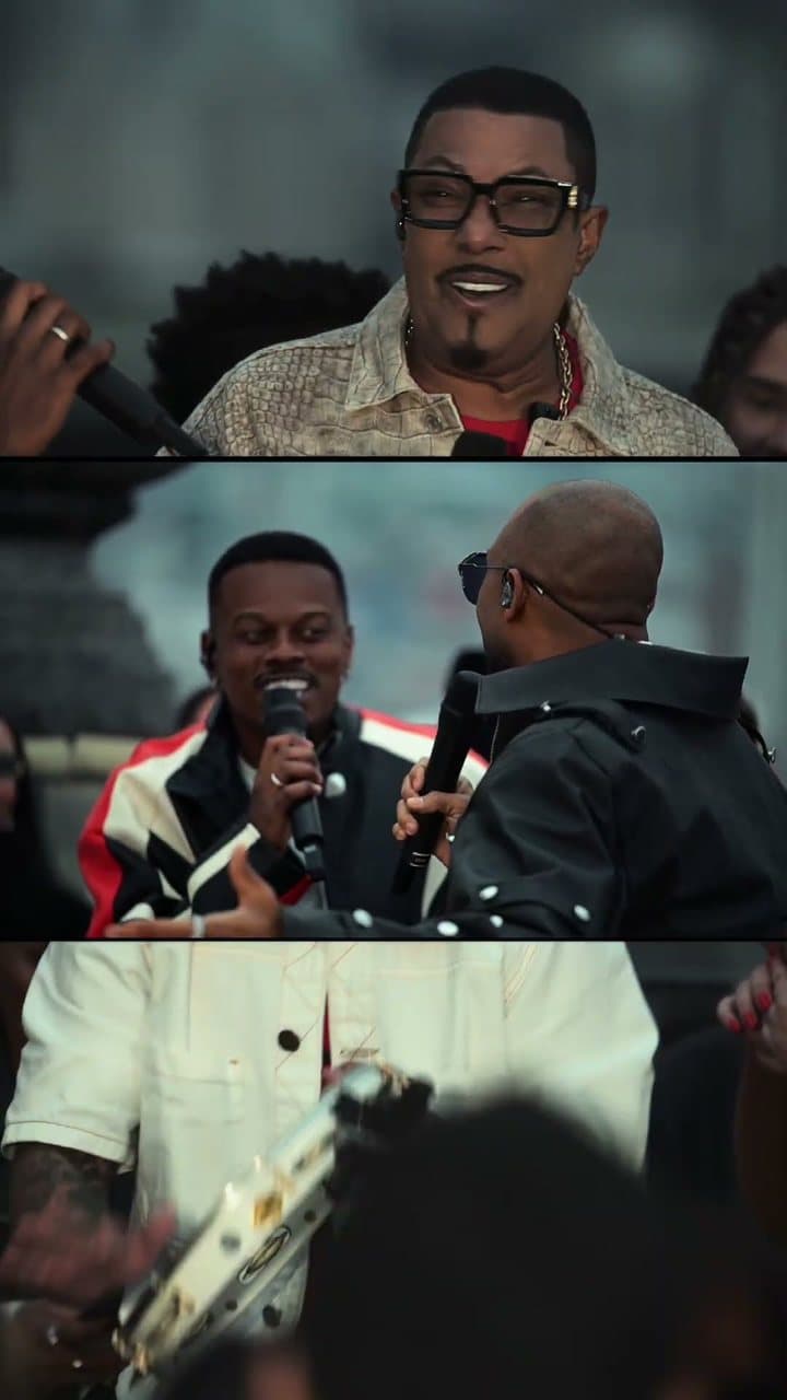 Montagem vertical com artistas sorrindo e cantando ao ar livre, de microfone na mão, e um pandeiro em primeiro plano