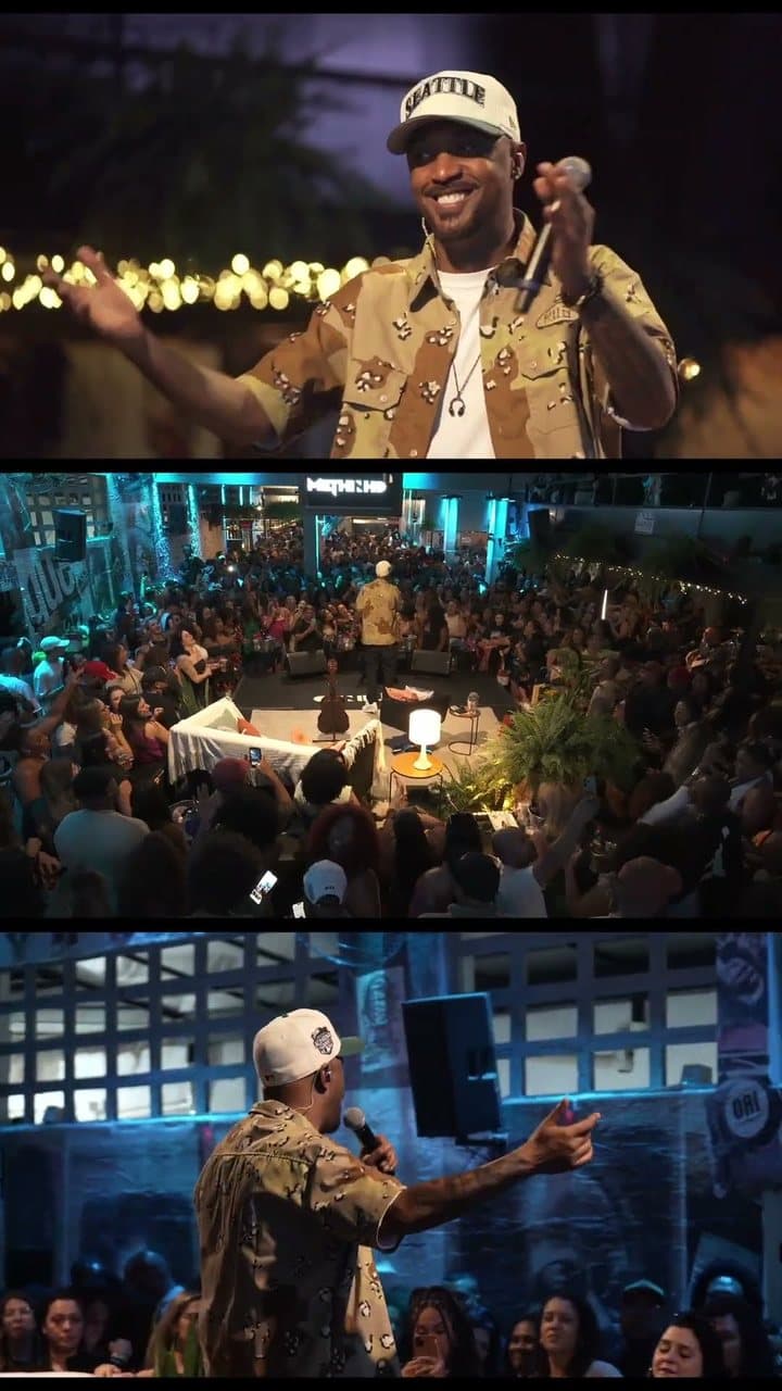 Montagem vertical com um cantor de boné e camisa camuflada, a plateia lotada em um bar e o cantor de costas para o público