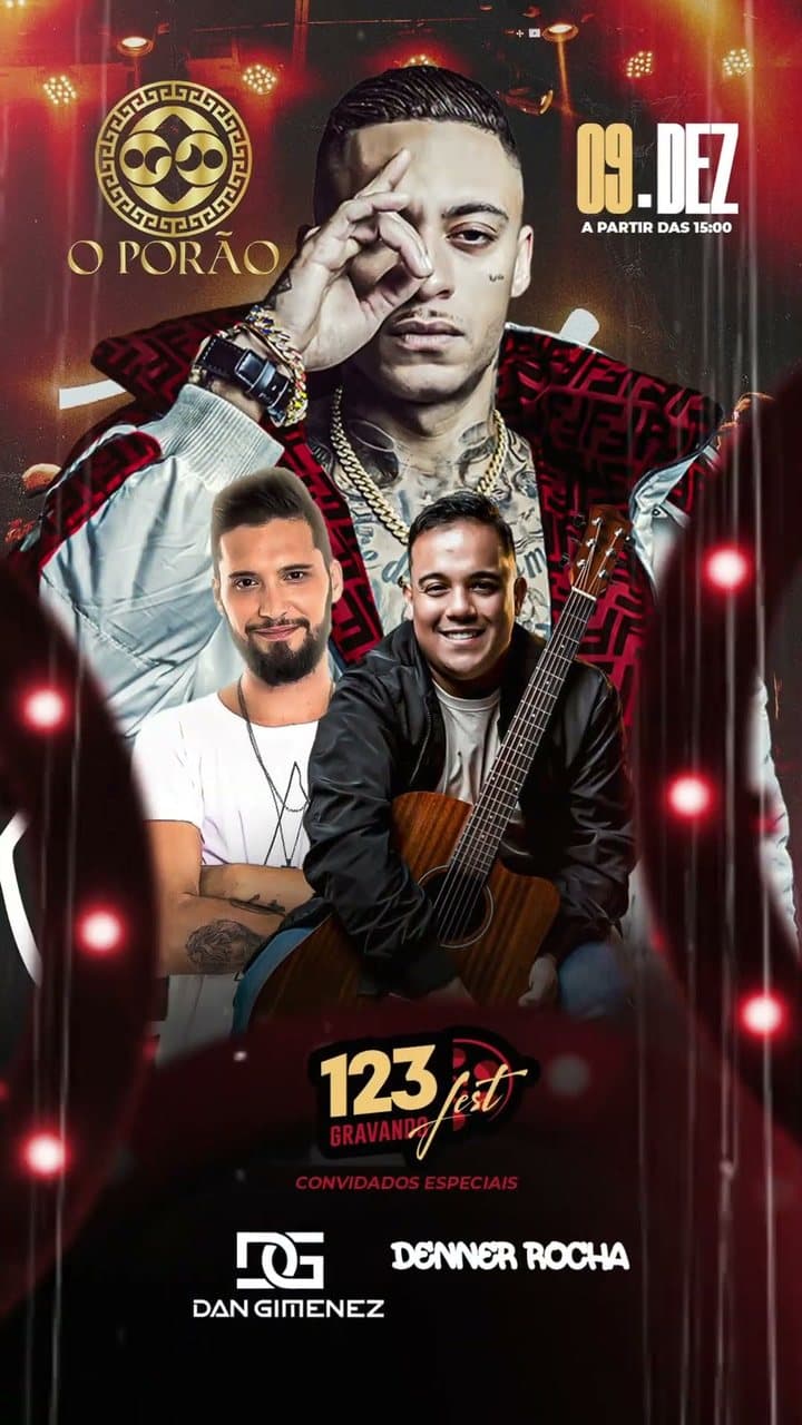 Arte vertical de divulgação do 123 Gravando Fest no O Porão, em 9 de dezembro, com as atrações Dan Gimenez e Denner Rocha